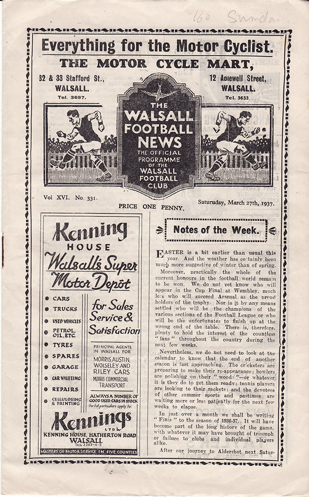 <b>Saturday, March 27, 1937</b><br />vs. Walsall (Away)